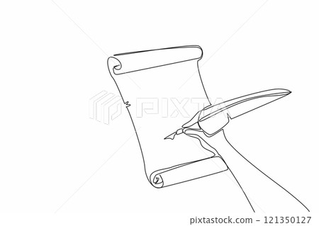 Single one line drawing hand writing on old paper. Writing poems. Poetry. Rhyme. Lyrics. Rhyming. Historical writings. Full of allusions. World Poetry Day. Continuous line design graphic illustration 121350127