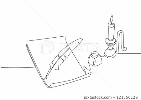 Single continuous line drawing a sheet of paper with quill. There is an inkwell to make writing easier. Recording culture through light language. World Poetry Day. One line design vector illustration 121350129