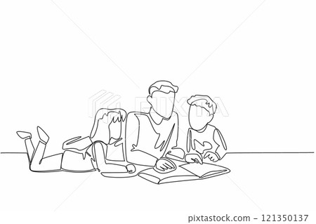 Single one line drawing father lying down reading book with son and daughter. Parenting by reading useful books. Taking wisdom. National Single Parent Day. Continuous line design graphic illustration Single one line drawing father lying down reading book with son and daughter. Parenting by reading useful books. Taking wisdom. National Single Parent Day. Continuous line design graphic illustration 121350137