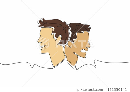 Single one line drawing two heads with different responses. Smiling and angry. Like having multiple personalities. Needs expert help. World Bipolar Day. Continuous line design graphic illustration 121350141