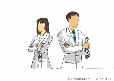 Single continuous line drawing female and male doctors crossed their arms across their chest. Stethoscope in hand. Always give the best. The national of doctor day. One line design vector illustration Single continuous line drawing female and male doctors crossed their arms across their chest. Stethoscope in hand. Always give the best. The national of doctor day. One line design vector illustration 121350145