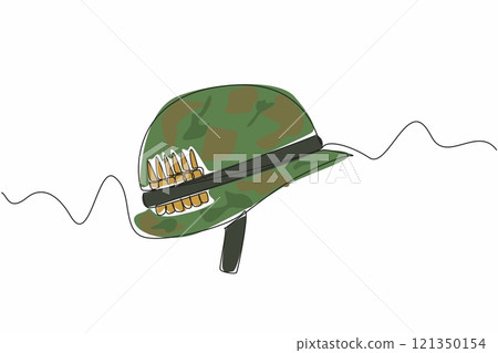 Single one line drawing an army helmet with bullet stock attached to the helmet. Be prepared. Battlefield can happen suddenly. Vietnam War Veterans Day. Continuous line design graphic illustration Single one line drawing an army helmet with bullet stock attached to the helmet. Be prepared. Battlefield can happen suddenly. Vietnam War Veterans Day. Continuous line design graphic illustration 121350154