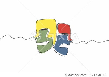 Continuous one line drawing two theater masks with different expressions. Role-playing entertainment stage. Playing different characters. World Theatre Day. Single line draw design vector illustration 121350162
