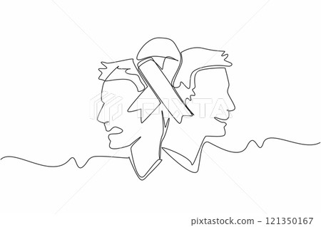 Single continuous line drawing green ribbon in middle of two people with different expressions. Mental disorders. Health disorders. Mood swings. World Bipolar Day. One line design vector illustration 121350167