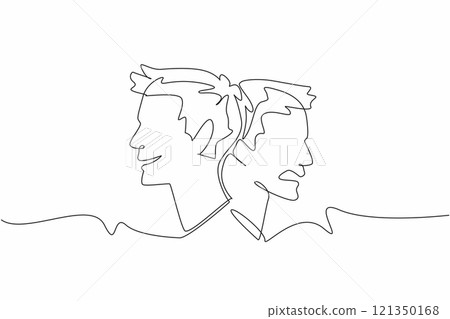 Single one line drawing two heads with different responses. Smiling and angry. Like having multiple personalities. Needs expert help. World Bipolar Day. Continuous line design graphic illustration 121350168