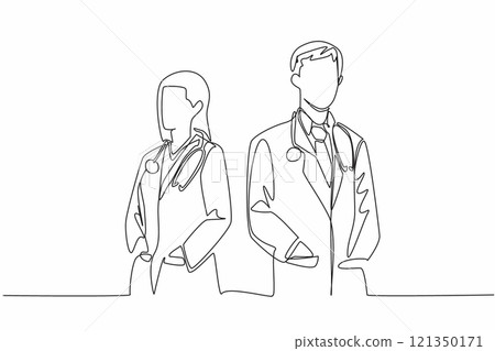 Continuous one line drawing male and female doctors put their hands in their uniform coat pockets. Serve with heart. Sincere. The national of doctor day. Single line draw design vector illustration 121350171