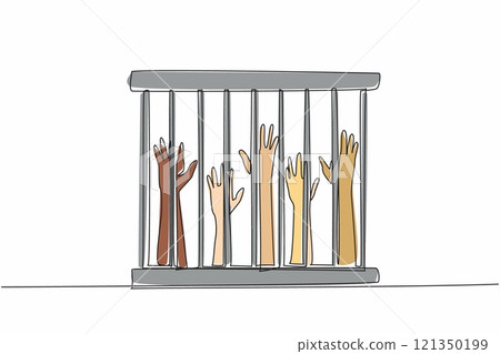 Continuous one line drawing five hands raised in cage. Slave trade that violates basic human rights. The cruelty of slavery. Urgently released. Dark times. Single line draw design vector illustration 121350199