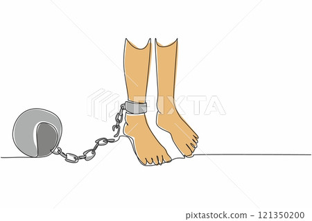 Single continuous line drawing feet shackled by metal prison ball chains whose chains are broken. Bitter memories of dark times. Human rights are not fulfilled. One line design vector illustration Single continuous line drawing feet shackled by metal prison ball chains whose chains are broken. Bitter memories of dark times. Human rights are not fulfilled. One line design vector illustration 121350200