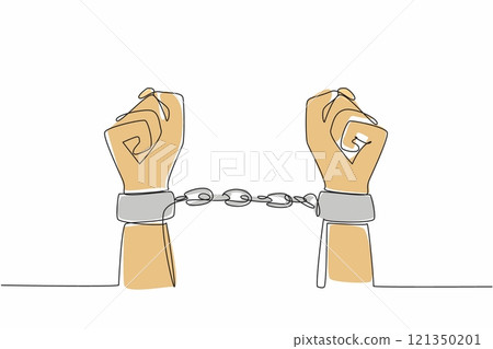Single one line drawing two clenched hands chained together. The tragedy of slavery must not be repeated. Destroys the basic right to live in peace. Symbol. Continuous line design graphic illustration 121350201