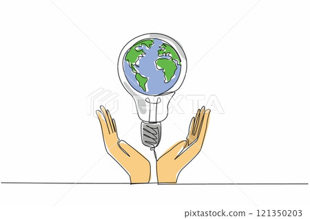 Single continuous line drawing bulb lamp is in the middle of the two open arms. Global movement to care more about the fate of the earth. Electric. Earth Hour Day. One line design vector illustration 121350203