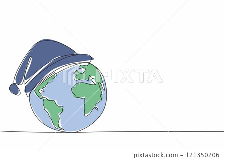 Single continuous line drawing globe wearing a sleeping cap. Imagination. Symbolization. The tired earth. Let the earth stop working for a moment. Earth Hour Day. One line design vector illustration 121350206