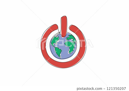 Single one line drawing the globe in the middle of the power button. Turn off the power. Turn off the lights. Earth is energy saving mode. Earth Hour Day. Continuous line design graphic illustration 121350207