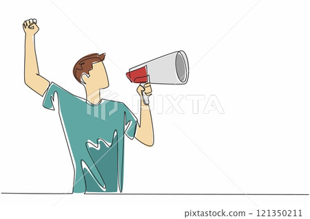 Continuous one line drawing man in casual clothes giving speech holding megaphone. Raising spirits. Dare to fight injustice. Symbol of resistance. Rights. Single line draw design vector illustration 121350211