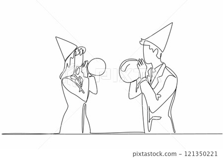 Single one line drawing businessman and businesswoman wearing party hats blowing up balloons. Top priority is celebration, not work. National Goof Off Day. Continuous line design graphic illustration 121350221