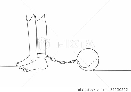Single one line drawing feet shackled with metal prison ball. Detention without due process. Committing violations of human rights. Shackles of power. Continuous line design graphic illustration 121350232