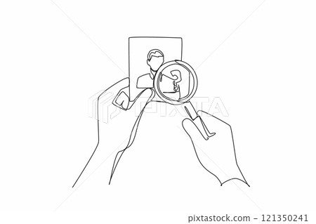Continuous one line drawing hand pointing magnifier at silhouette image of person. Massive searches conducted. Searching for staff members suddenly missing. Single line draw design vector illustration Continuous one line drawing hand pointing magnifier at silhouette image of person. Massive searches conducted. Searching for staff members suddenly missing. Single line draw design vector illustration 121350241