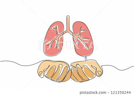 Continuous one line drawing two open palms with lungs on top. Do the best to protect lung health. Breath lighter and healthier. World Tuberculosis Day. Single line draw design vector illustration 121350244