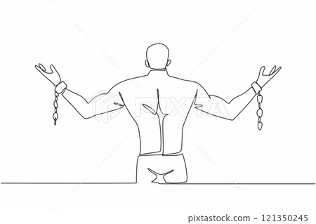 Single one line drawing a muscular man spreads his arms which are bound with broken chains. Free. Independent. Escape. Inhumane slavery. Bondage. Rights. Continuous line design graphic illustration 121350245