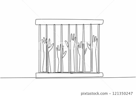 Continuous one line drawing five hands raised in cage. Slave trade that violates basic human rights. The cruelty of slavery. Urgently released. Dark times. Single line draw design vector illustration 121350247