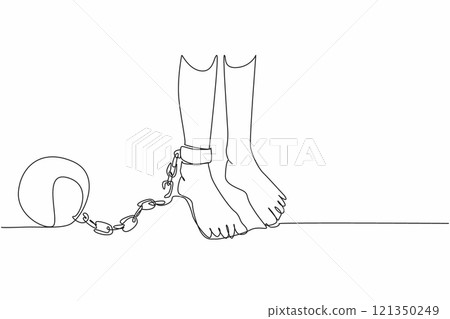 Single continuous line drawing feet shackled by metal prison ball chains whose chains are broken. Bitter memories of dark times. Human rights are not fulfilled. One line design vector illustration 121350249