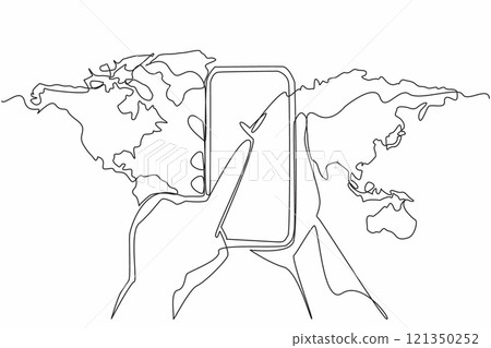 Single continuous line drawing hand holding a smartphone which has a checklist symbol on the screen. Seeking the truth of the news. International Fact-Checking Day. One line design vector illustration 121350252