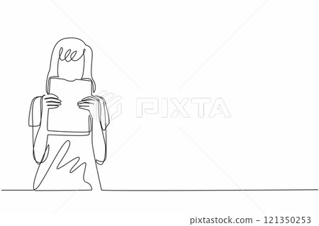 Single one line drawing a woman in casual clothes is biting a thick book. A unique metaphor. Spending a book increases understanding. Edible Book Day. Continuous line design graphic illustration 121350253