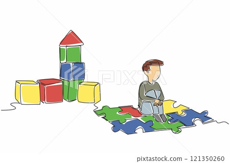 Single continuous line drawing a boy sitting on puzzle mat playing wooden block. Playing, imagining building a house. Keeping the dream. World Autism Awareness Day. One line design vector illustration Single continuous line drawing a boy sitting on puzzle mat playing wooden block. Playing, imagining building a house. Keeping the dream. World Autism Awareness Day. One line design vector illustration 121350260