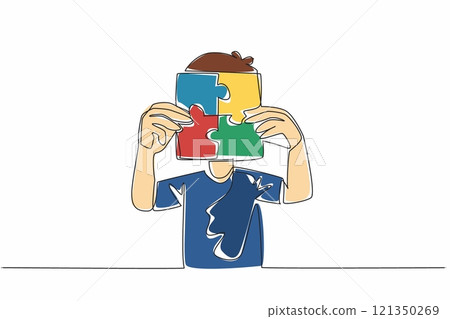 Single one line drawing boy holds with both hands 4 piece puzzle in the shape of box. His unique behavior. Posing covering face. World Autism Awareness Day. Continuous line design graphic illustration Single one line drawing boy holds with both hands 4 piece puzzle in the shape of box. His unique behavior. Posing covering face. World Autism Awareness Day. Continuous line design graphic illustration 121350269