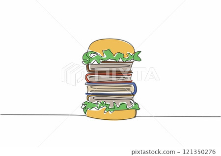 Single one line drawing burger filled with salad and 4 stacks of thick books. Healthy food increases thinking intelligence. Knowledge. Edible Book Day. Continuous line design graphic illustration 121350276
