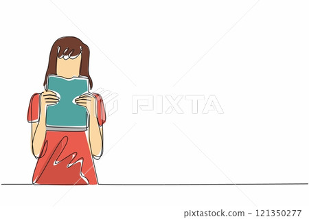 Single one line drawing a woman in casual clothes is biting a thick book. A unique metaphor. Spending a book increases understanding. Edible Book Day. Continuous line design graphic illustration Single one line drawing a woman in casual clothes is biting a thick book. A unique metaphor. Spending a book increases understanding. Edible Book Day. Continuous line design graphic illustration 121350277