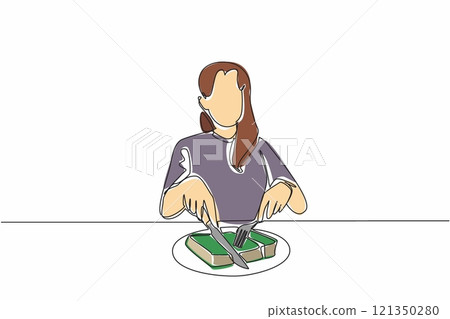 Continuous one line drawing a woman cuts thick book with fork and knife into several pieces. Interesting metaphor. Reading books gradually Edible Book Day. Single line draw design vector illustration 121350280