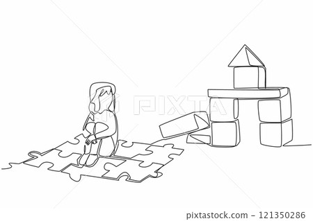 Continuous one line drawing girl sitting on a puzzle mat playing wooden blocks. Playing to kill time. Stay cheerful even alone. World Autism Awareness Day. Single line draw design vector illustration 121350286