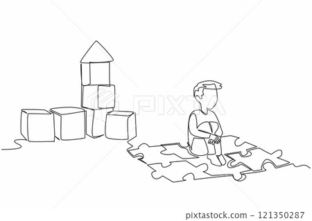 Single continuous line drawing a boy sitting on puzzle mat playing wooden block. Playing, imagining building a house. Keeping the dream. World Autism Awareness Day. One line design vector illustration 121350287