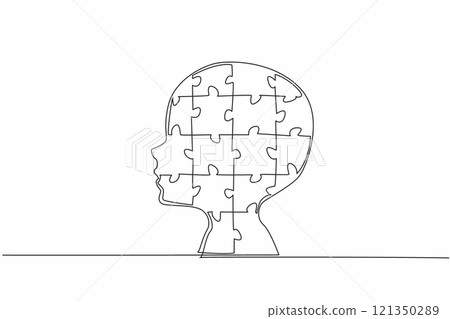 Single one line drawing head silhouette of child formed from puzzle pieces. Spectral diversity. Unique individuals. Unwell. World Autism Awareness Day. Continuous line design graphic illustration Single one line drawing head silhouette of child formed from puzzle pieces. Spectral diversity. Unique individuals. Unwell. World Autism Awareness Day. Continuous line design graphic illustration 121350289