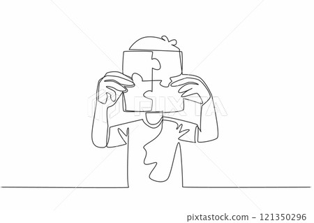 Single one line drawing boy holds with both hands 4 piece puzzle in the shape of box. His unique behavior. Posing covering face. World Autism Awareness Day. Continuous line design graphic illustration 121350296