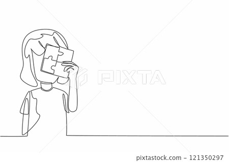 Continuous one line drawing little girl holding a 4 piece square puzzle. Positive influence on the ability to focus. Treatment. World Autism Awareness Day. Single line draw design vector illustration 121350297