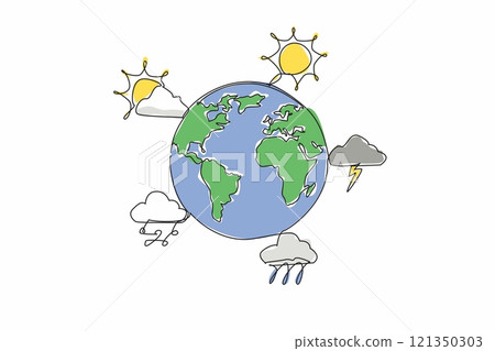 Continuous one line drawing globe surround by five weather forecast icons. Monitoring. Preparation before outdoor activities. World Meteorological Day. Single line draw design vector illustration Continuous one line drawing globe surround by five weather forecast icons. Monitoring. Preparation before outdoor activities. World Meteorological Day. Single line draw design vector illustration 121350303