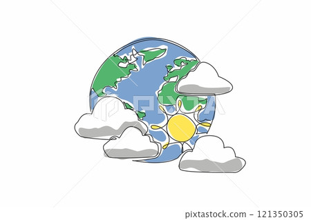 Single one line drawing the globe surrounded by several clouds and the sun. Experts predict the rainy season has not yet arrived. World Meteorological Day. Continuous line design graphic illustration 121350305