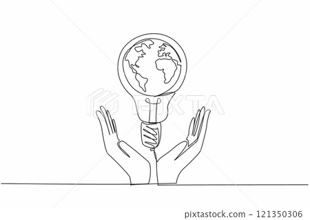 Single continuous line drawing bulb lamp is in the middle of the two open arms. Global movement to care more about the fate of the earth. Electric. Earth Hour Day. One line design vector illustration 121350306
