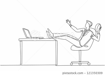 Continuous one line drawing businessman sitting lazily playing rugby ball. Watch streaming via laptop. Today's activities. Not work. National Goof Off Day. Single line draw design vector illustration 121350309