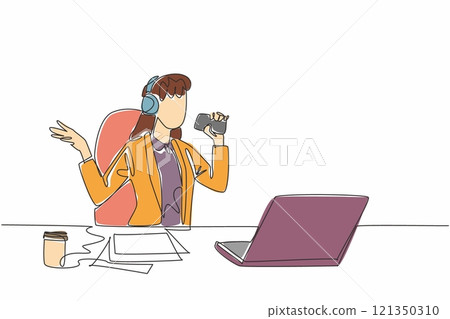 Continuous one line drawing young businesswoman sitting on a chair wearing headphones. Lazing around singing karaoke in the office. National Goof Off Day. Single line draw design vector illustration Continuous one line drawing young businesswoman sitting on a chair wearing headphones. Lazing around singing karaoke in the office. National Goof Off Day. Single line draw design vector illustration 121350310