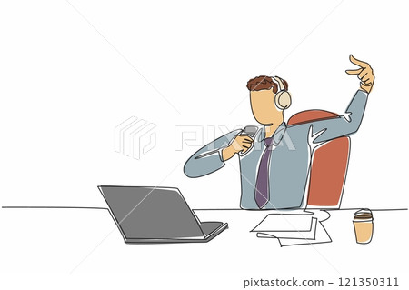 Single continuous line drawing businessman sitting on chair wearing headphones. Lazing around. Singing happily. Channeling hobbies. Exciting. National Goof Off Day. One line design vector illustration Single continuous line drawing businessman sitting on chair wearing headphones. Lazing around. Singing happily. Channeling hobbies. Exciting. National Goof Off Day. One line design vector illustration 121350311
