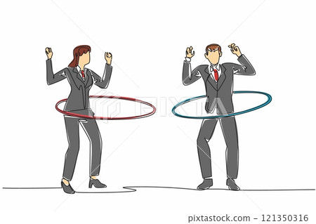 Single one line drawing businessman and businesswoman playing hula hoop. Ignore the piling work. Laze around playing in the office. National Goof Off Day. Continuous line design graphic illustration Single one line drawing businessman and businesswoman playing hula hoop. Ignore the piling work. Laze around playing in the office. National Goof Off Day. Continuous line design graphic illustration 121350316