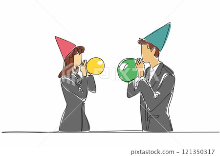 Single one line drawing businessman and businesswoman wearing party hats blowing up balloons. Top priority is celebration, not work. National Goof Off Day. Continuous line design graphic illustration 121350317