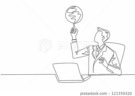 Single continuous line drawing businessman sitting in office chair spinning basketball on his finger. Forgetting work to play basketball. National Goof Off Day. One line design vector illustration 121350320