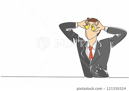 Single one line drawing businessman holds duck dolls in each hand and places them on his eyes. Joking. Relaxing. Lazy to work. Play. National Goof Off Day. Continuous line design graphic illustration 121350324