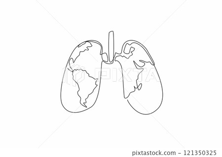 Single one line drawing lungs with a world map in the middle. Awareness must be raised in the world community. Maintain lung health. World Tuberculosis Day. Continuous line design graphic illustration 121350325