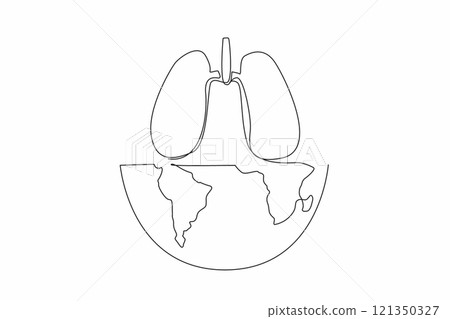 Single continuous line drawing half globe with lungs on top. Poster. Banner. Campaign. Don't let it spread. Love your family. Pneumonia. World Tuberculosis Day. One line design vector illustration 121350327