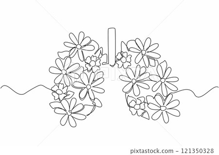 Continuous one line drawing lungs with flowers and leaves in the middle. Love the lung health like caring for flowers in a garden. World Tuberculosis Day. Single line draw design vector illustration 121350328