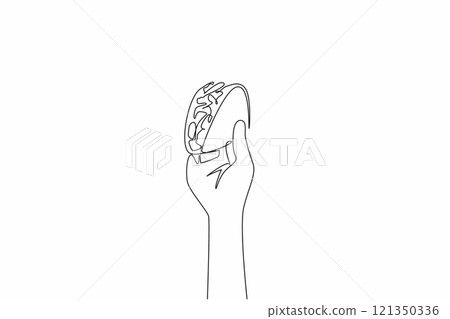 Single one line drawing hand holding a delicious taco from below. Crispy. Perfect blend of filling and tortilla. Cheesy. Tasty. National Crunchy Taco Day. Continuous line design graphic illustration Single one line drawing hand holding a delicious taco from below. Crispy. Perfect blend of filling and tortilla. Cheesy. Tasty. National Crunchy Taco Day. Continuous line design graphic illustration 121350336